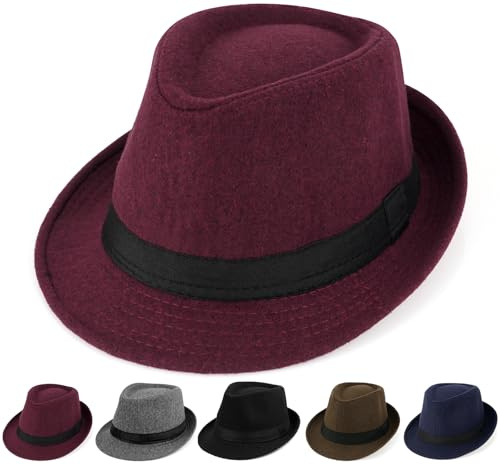 Initlove Cappello da uomo Fedora classico in feltro Panama a tesa corta Trilby, Rosso vinaccia, Taglia unica