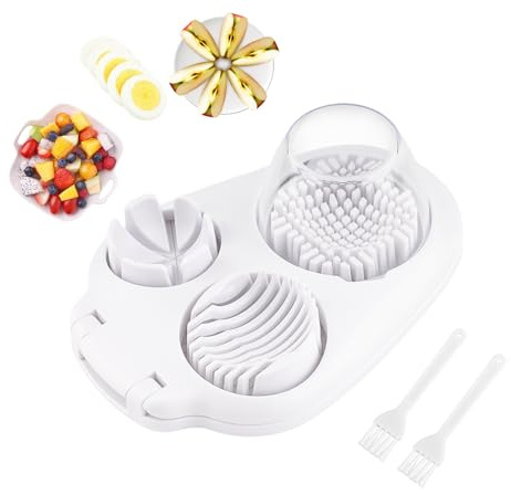 3 in 1 Eierschneider Edelstahl - Mehrzweck Schneider mit 2 Stück Reinigungsbürste, Erdbeerschneider, Eierschneider Professional mit Abdeckung, für Eier, Einige Gemüsesorten und Weiche Früchte