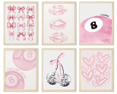 Cute Pink Girl Poster Set of 6, Light Pink Coquette Wall Art Trendy Lucky 8 Ball Wall Decor Paintings Pastel College Apartment Bedroom Living Room Dorm 8x10 inch Unframed