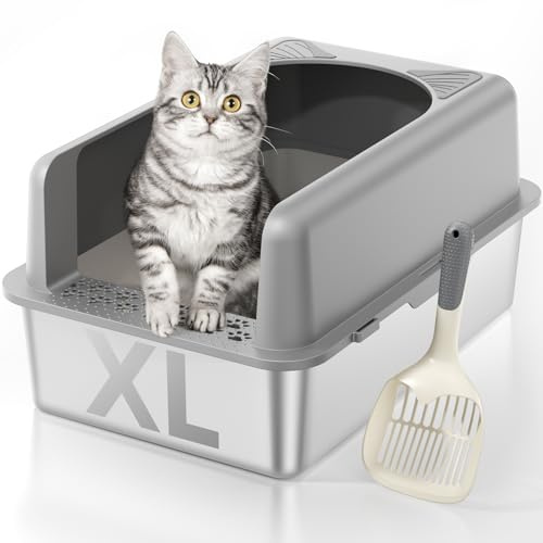 MLIKLU Stainless Steel Cat Litter Box, Extra Large High Sided Litter Boxs for Big Cats, XL Metal Litter Box with Lid, Non Stick, No Smell, Easy to Clean, Included Scoop