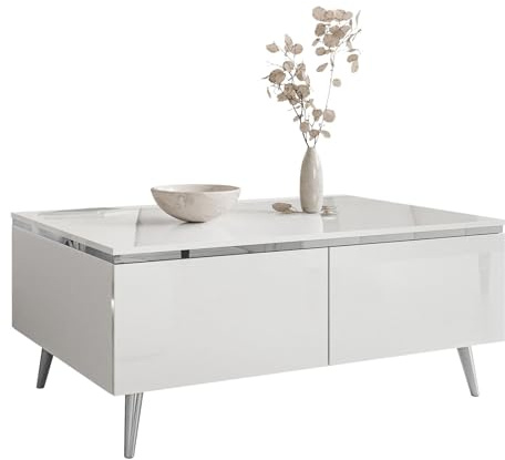 Lookway Couchtisch Aurora Silver mit Stauraum, silberner Dekorleiste und passenden Füßen – Modernes Wohnzimmermöbel (schräge Silber Chrom Beine)