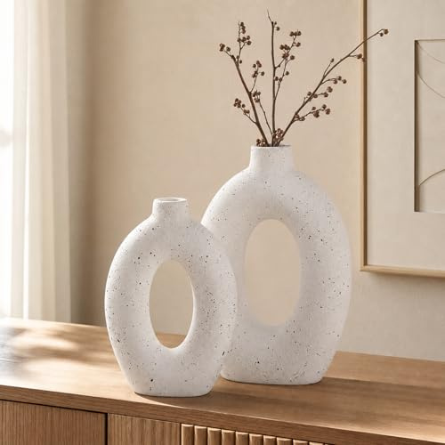 LE TAUCI Jarrón de Cerámica Set de 2, 26 + 21,5 cm Jarrones Florero Donut Huecos Color Crema, Decorativo Estilo Nórdico Boho para Salón, Mesa, Estantería, Repisa, Blanco Moteado