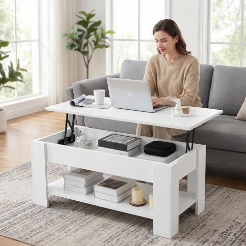 Oyajia Coffee Table With Storage, Lift Up Coffee Tables for Living Room, Wooden Coffee Table With 1 Shelf Large Hidden Storage Modern Rectangular Sofa End Lift-Top Tea Table Furniture (White)