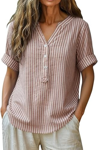 Bauzuoyo Camisa larga para mujer, a rayas, elegante, cuello de pico, manga corta, transpirable, informal, con botones, para verano, informal, bohemia, hippie, para negocios, ocio, uso diario