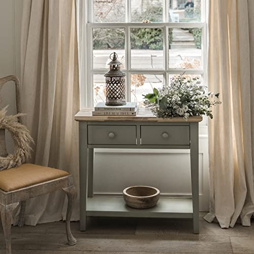 Florence Console Table with 2 drawers. Stunning Sage Green hall table with shelf and beautiful limed top