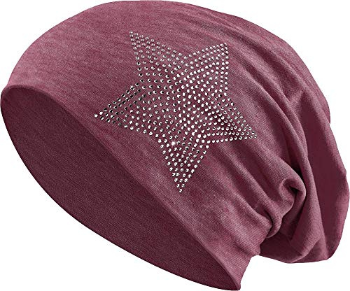 Jersey Cotone Elastico Lungo Slouch Beanie Unisex Uomo Signore con Strass Pietre Stellari Beanie Heather in 35 Colori Diversi (2) (Heather Winered)