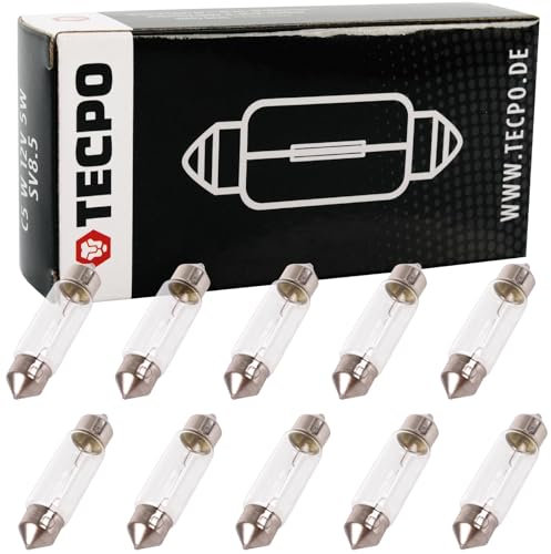 TECPO 10x Kennzeichenleuchten 38mm, 12V, 5W, CW5 Sockel, Soffitte für Innenraum- und Kennzeichenbeleuchtung, StVO-konform, robuste Qualität mit langlebiger Leistung, Kennzeichenbirnen, Innenraumbirnen