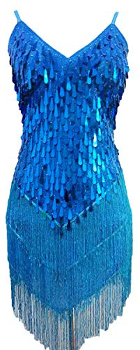 Grouptap Womens flapper gatsby sequin tassel ballroom dance sling skirt cyan blue latin salsa tango samba cha cha rumba dress size 6/8/10/12 (Cyan, UK 6-12)