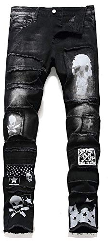 qingtianzhuxinxikejiyouxiangongsi Men's Jeans Ripped Slim-Fit Black Skinny Fashion Denim Jean Pants Zipper Biker (Black, 36 X 32)