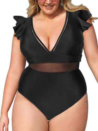 CUPSHE Damen Große Größen Badeanzug V Ausschnitt Volantsärmel Mesh Sheer Einteilige Plus Size Bademode Swimsuit Schwarz L