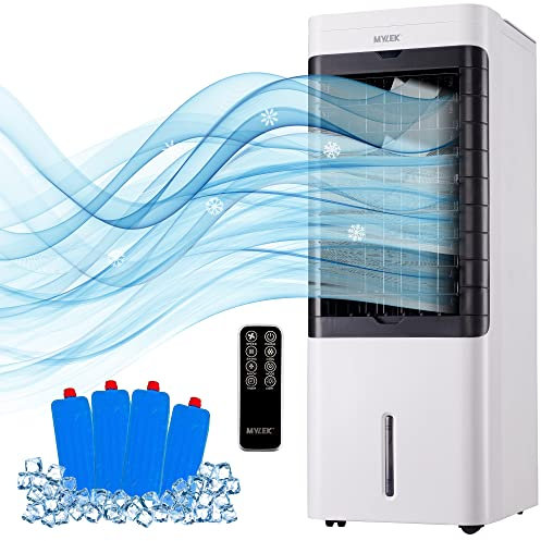 Mylek Air Cooler Fan, 6L Portable Mobile Evaporstive Cooling Purifier Humidifier 75W 3 Speeds, 3 Modes, Remote, Oscillation, Night Light Off Option, 12H Timer, 4 Ice Packs (White)