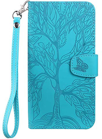 Aisenth Handyhülle für iPhone 5/iPhone 5S, Baum Muster Leder Handytasche Brieftasche Klapphülle Etui Wallet Flip Case Schutz Hülle mit TPU innen Schale, Kartenfächer, Aufstellfunktion -Blau Grün