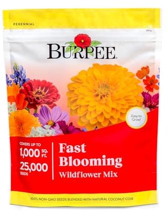 Burpee Fast Blooming 25,000 Non-GMO Planting, 1 Bag Easy Grow Wildflower Seed Mix Contains 14 Flower Varieties for Home Garden