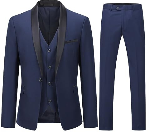YOUTHUP Costume Homme 3 Pièces Un Bouton Coupe Ajustée Col Châle pour Mariage Dîner Smoking Veste Gilet Pantalons, Bleu Foncé, L