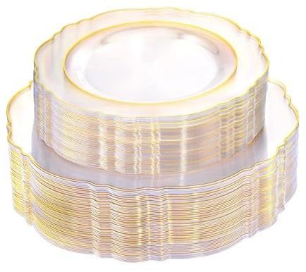 WDF 100pcs Clear Disposable Plastic Plates With Gold Trim - Baroque Clear Gold including 50PCS Dinner Plates 10.25inch and 50PCS Salad Plates 7.5inch for Wedding Baby Shower Spring Birthday