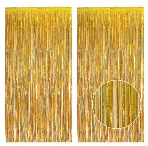 Pack of 2 Gold Holographic Glitter Foil Door Curtains - 92 x 244cm (3 x 8ft) Sparkling Tassel Foil Fringe Curtain, Party, Disco & Wedding Decorations, Streamers, Photobooth Back Drop