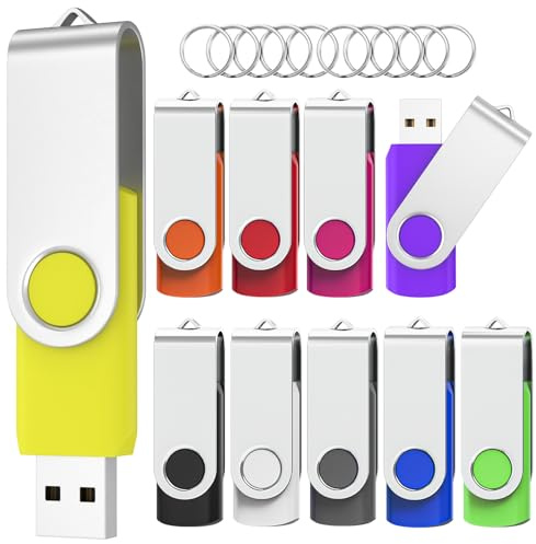 Cle USB 16 Go Lot de 10,WOOOLKEN Clé USB 2.0 Flash Drive Clés USB Pivotant Stockage Disque Mémoire Stick Pendrive avec 10 Couleurs