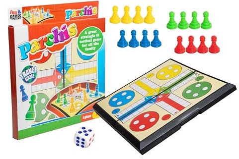Parchis viaje plegable para 4 jugadores | Juego de mesa parchís ideal para viajes (20x20cm) | Tablero juego viaje para niños (+5 años) y adultos con espacio para guardar las fichas (Parchís Viaje)