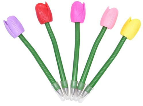 Ranvi 5 bolígrafos coloridos con forma de flor de tulipán, tinta de gel negra, decoración de escritorio para estudiantes y suministros de oficina (no se pueden reemplazar los recambios)