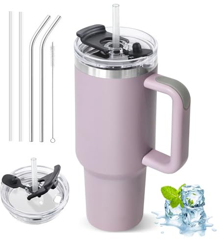 ZAKVOP Taza Termo cafe para Llevar, Taza Termica 1200ml con Tapa y Pajitas, Vaso Termico con Asa, Tumbler para Frío y Caliente, Travel Mug con Tapa Multifunción (Lila Claro)