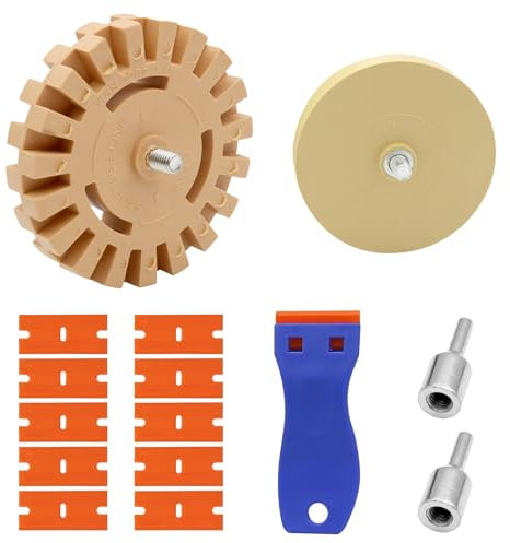 Car Sticker Remover Kit, 2 Pcs Rubber Eraser Wheel Decal Remover with Drill Adapter, 1 Plastic Scraper with 10 Plastic Blades for Removing Vinyl, Glue, Foil, Stickers, Adhesive Residue on Car Rv Boat