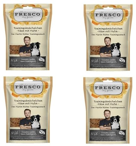 Fresco Formaggio e pollame | Confezione da 4 pezzi | 4 x 150 g | Mangime complementare per cani | Snack proteico naturale in formaggio e pollo | A forma di caviglia