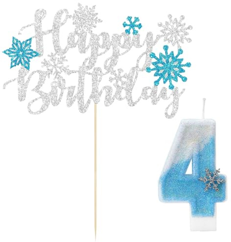 GTYHH 1 Candela con Il Numero 4 E 1 Biglietto D'Auguri, Decorazione per Torta sul Tema Ghiaccio E Neve, Candela Glitterata, Accessori per Feste per Compleanni di Ragazze