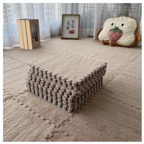 YMXBHN 10 Mm Dicke Plüsch-Puzzle-Schaumstoff-Bodenmatte,30X30 cm Quadratische Ineinandergreifende Teppichmatte,Flauschige Schaumstofffliesen,DIY-Bodenteppich(Color:Hellbraun)