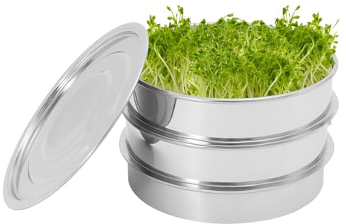 Barquettes à germer pour germes en acier inoxydable, boîte à germes à 2 niveaux pour la culture des germes de cresson, bols de culture avec filet, couvercle et plateau à eau
