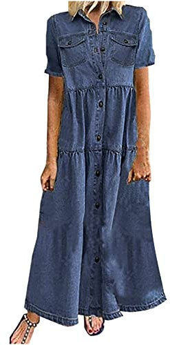 RLEHJN Robe Longue Femme Soldes Robe en Jean Boutonnée Manches Courtes D'Été pour Femme Chic Et Elegant Lâches Casual Robes Longue Bleu avec Poches Maxi Dress Décontractées Ample