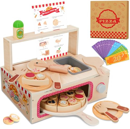 iLuckinSpri Wooden Pizza Toy Set for Kids, 68PCS Montessori Pretend Play Food Toys, Wooden Pizza Counter Playset with Bake Oven & Toy Dishes, Develop Imagination, for Boys & Girls Aged 3+