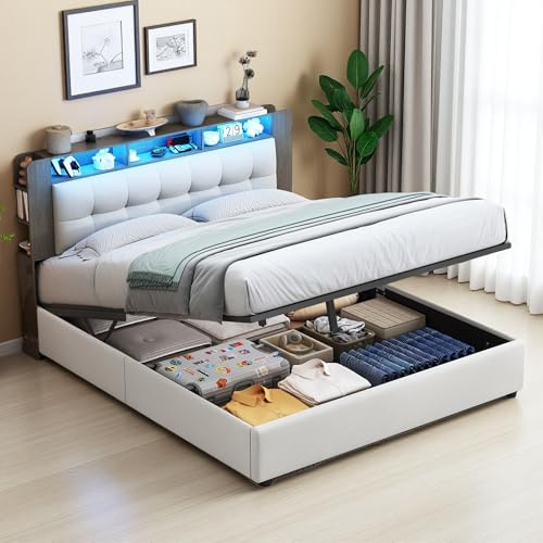 KEFURNI Cama 140 x 200 tapizada para Cama Doble, Cama hidráulica con Carga inalámbrica y luz LED, cabecero con Varios Compartimentos de Almacenamiento, Marco de Cama con somier, Franela, Blanco