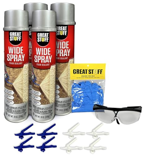 Great Stuff Wide Spray Foam Insulation Kit – Closed Cell Polyurethane Expanding Sealant for Indoor & Outdoor Use – 4 Pack, 18 oz Cans with Nozzles, Gloves, Safety Glasses