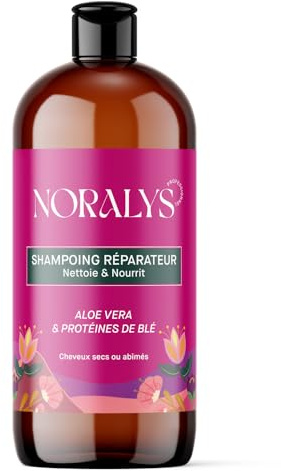 Shampoing Réparateur Nourrissant Aloe Vera, Protéines de Blé, Phytokératine, Huile de Ricin – Cheveux Secs ou Abîmés – Nettoie, Répare et Protège – Sans Sulfate, Paraben, Silicone – Vegan – Noralys