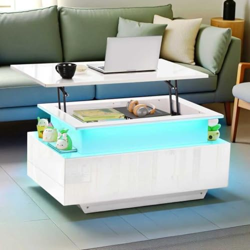 ZZINOKE Tavolino da salotto regolabile in altezza, lucido, con illuminazione a LED, scaffale aperto e 2 cassetti, moderno, 85 x 50 x 45 cm, bianco