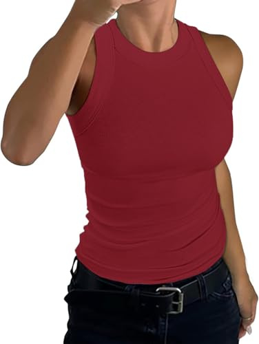 TrendiMax Canottiera da donna Racerback, estiva a coste, slim fit, basic, senza maniche, sexy, scollo alto, tinta unita, rosso vivo, XL