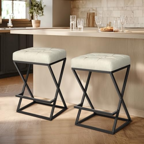 VATROS 26 Bar Stools Set of 2, Counter Height Backless Bar Stools with Upholstered Leather Seat, X-Frame Metal Stability with Footrest for Kitchen Islands Cream White