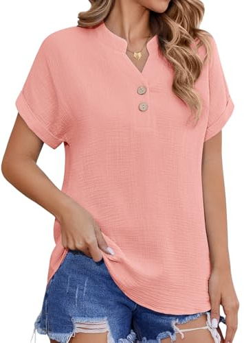 HEEKPEK Blusas Mujer Verano Camisa Elegante Manga Corta Cuello en V Camisetas Casual de Algodón con Botones Túnica Básica Informal Sueltas Color Sólido Shirts Tops(Rosa,L)