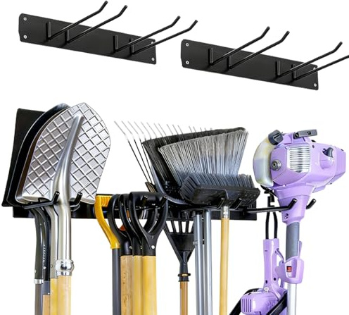 XJJAUGKLY Supporto per attrezzi da giardino, supporto da parete, portata 150 kg, con 4 ganci doppi per pala, scopa, rastrello, robusto portautensili per attrezzi da giardino in garage, giardino