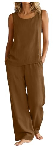 Completo Estivo Donna Lino Cotone Due Pezzi Set Elegante Casual Senza Maniche Canotta Blusa Traspirante Pantaloni Larghi Comodi con Tasche Abbigliamento Moda Streetwear Boho per Vacanze Spiaggia