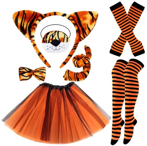 KDFSSIPE Costume de Tigre Enfant Adultes 7 Pièces Déguisement Animaux Set– Bandeau, Queue, Nœud Papillon, Jupe Tutu, Gants, Chaussettes, Autocollants Visage – pour Femmes Carnaval Halloween Cosplay