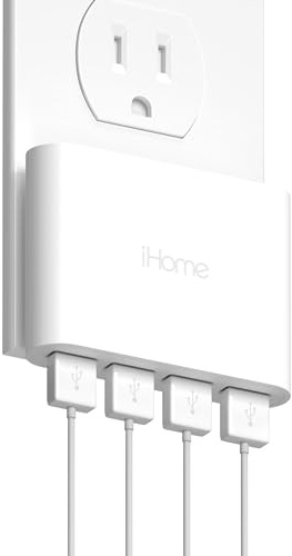 iHome Slim 4-Port USB Wall Charger, AC Pro Multiport Plug Adapter, Phone Charging Block with 4 Ports, Flat USB Wall Adapter for Home & Travel