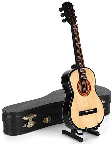 Klassisches Gitarrenmodell, Miniatur-Miniaturgitarren-Musikinstrumentenornamente aus Holz mit Ständer/Gitarrenkoffer, für Puppenhausmodell-Geburtstagsgeschenk-Heimdekoration (8 x 2,4 x 1,8 )