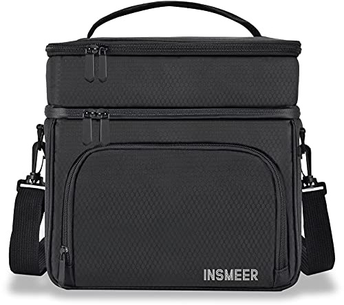 INSMEER Large Lunch Bag Adult 16L/24 Can, 2 Compartments Cooler Lunch Box for Men Work, Large Black Lunch Bag Heavy Duty with Shoulder Strap for Work, Office, School, Picnic, Beach, Kids
