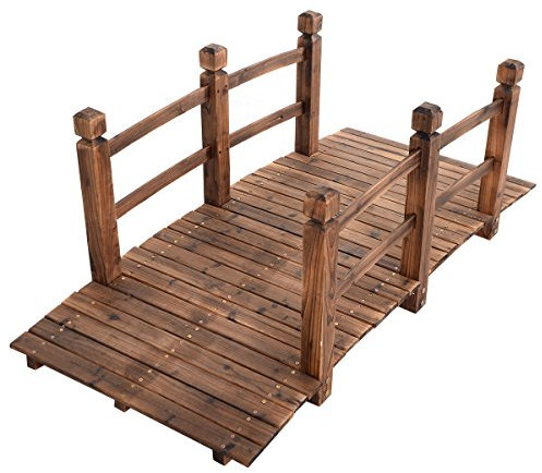 RELAX4LIFE Pont de Jardin Japonais en Sapin Carbonisé avec Garde-Corps, Pont d'Étang Décoration de Jardin Charge Max 100kg pour Cour, Décor, Parc, 50x67x55CM, Brun/Naturel (Brun)