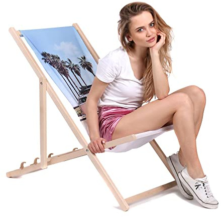 DreamRoots Liegestuhl Klappbar Holz aus Buchenholz, bis 130 kg belastbar, 3-Fach verstellbare Rückenlehne, waschbarer Polyesterbezug