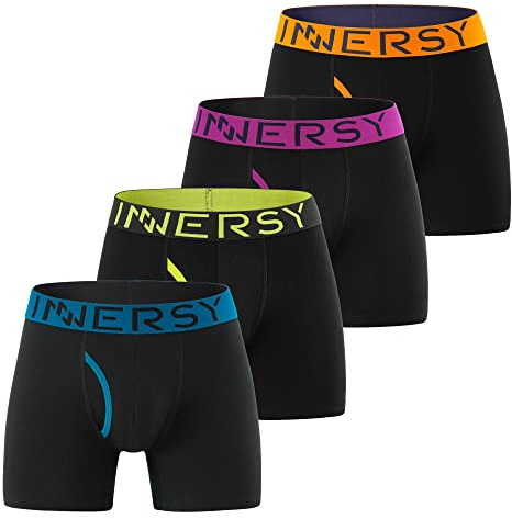 INNERSY Boxers for Men Anti Chafing Underwear Front Cotton Trunks Black Underpants Pack of 4 (XXL, 4 Black with Colorful Waist)