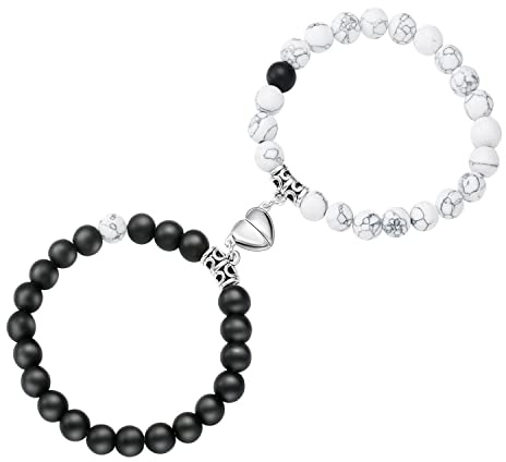 Bracelet magnétique coeur Queen et King Crown perles en pierre naturelle pour les couples, Bracelets élastiques d'amour en CZ couronnes roi et reine mates noir onyx ,cadeau d'amitié pour Partenaire