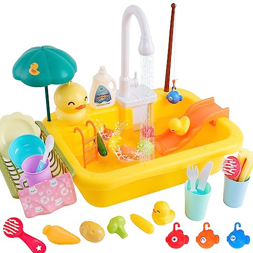 Play Sink with Running Water, Kitchen Sink Toys Play Kitchen Toy Accessories, Pool Floating Fishing Toys for Water Play, Kids Role Play Dishwasher Toy (Duck Theme)