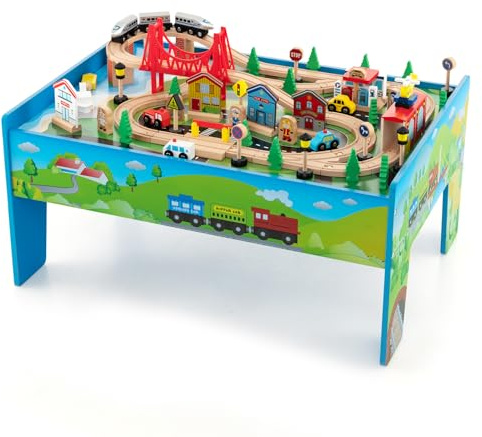 COSTWAY Mesa de Juegos de Tren de Madera, 80 Piezas, Superficie Colorida, Circuito de Tren de Madera Maciza para Niños y Niñas 3+ Años, 82,5 x 60 x 40cm, Multicolor (80 Piezas)